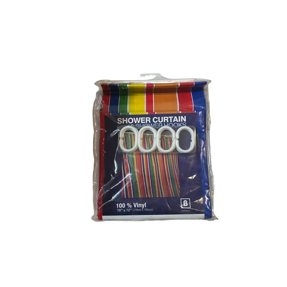 Broder Mfg Inc Rainbow Striped Shower Curtain Set with 12 Hooks New Vinyl Retro